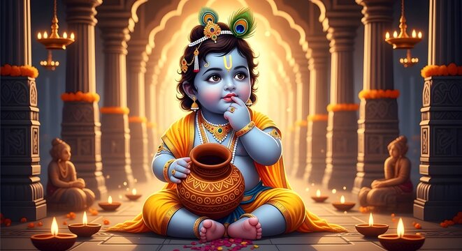 Lord sri krishna divine infant form with flute in traditional indian archway