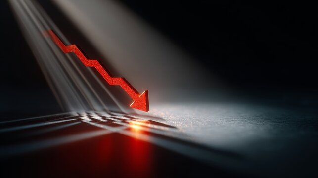 Red arrow points down showing decline with light effects on dark background near shadow lines