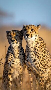 Two cheetahs standing side-by-side, looking forward in tall, dry, golden grass