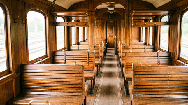 Interior de un vag&oacute;n de tren de &eacute;poca, con paneles de madera y asientos de banco, que muestra el encanto de los viajes ferroviarios antiguos.