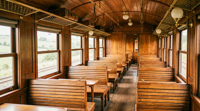 Interior de un vag&oacute;n de tren de &eacute;poca, con paneles de madera y asientos de banco, que muestra el encanto de los viajes ferroviarios antiguos.