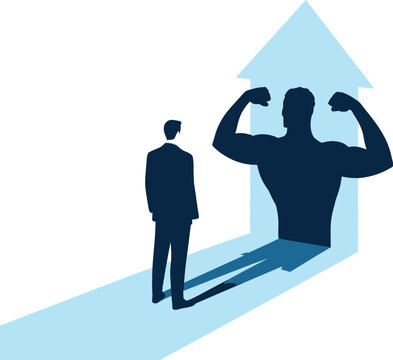 Businessman's shadow transforms into a muscular silhouette, symbolizing potential and self-improvement goals, white background