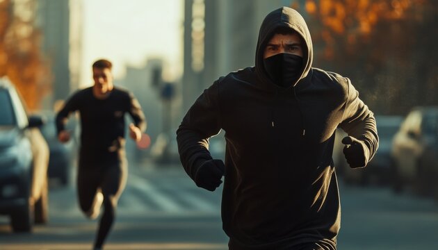 Two runners sprinting on city streets in autumn, showcasing determination and athleticism while wearing masks for enhanced safety
