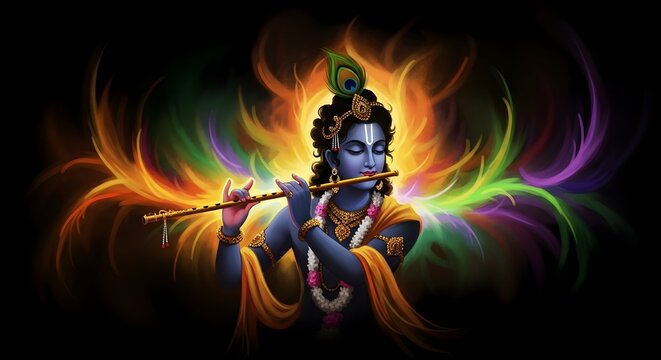Lord sri krishna playing flute with divine aura radiating spirituality and bliss