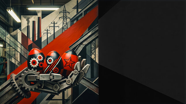 futuristic Easter card in the constructivist style, featuring a mechanical robot arm, painted Easter eggs as a symbol of resurrection, vintage industrial design with copy space for text