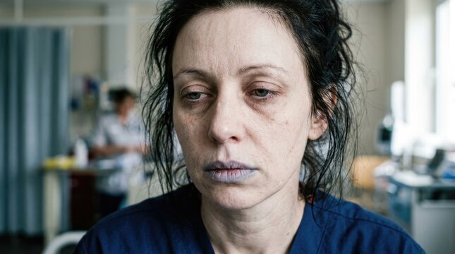 Woman showing severe signs of an iron deficiency anemia, a critical blood disorder, displaying extreme fatigue, pallor, and pronounced bluish lips within a medical hospital environment