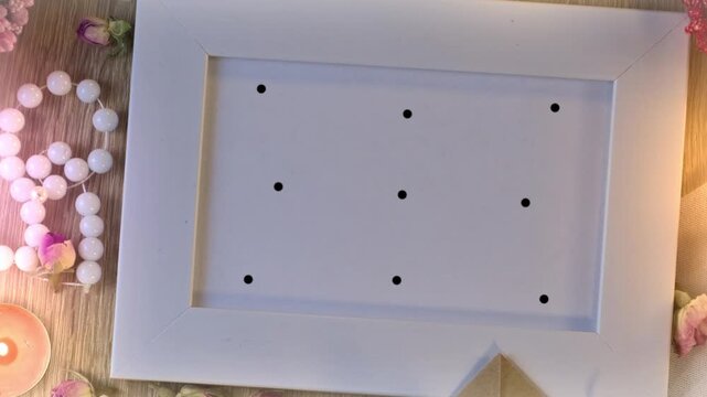 Wedding photo frame mockup with 9 tracking markers on wooden table with candles and flowers for easy motion tracking