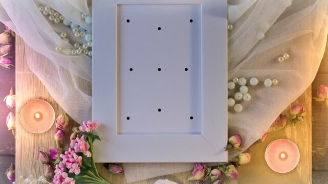 Wedding photo frame mockup with 9 tracking markers on wooden table with candles and flowers for easy motion tracking
