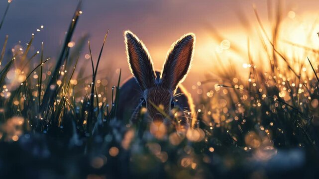 Wild rabbit foraging in tall grass at sunset with dew drops reflecting sunlight
