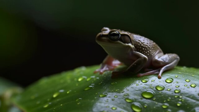 Slow motion tracking shot of tree frog climbing across wet leaf with water droplets in tropical rainforest under low light