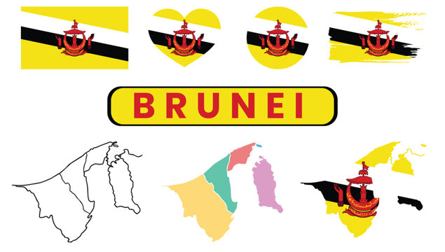 Brunei flag and map illustrations with national symbolBrunei flag and map illustrations with national symbol