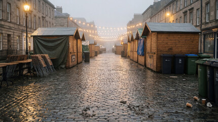Obraz premium A misty market street lined with wooden stalls and string lights wet cobblestones reflecting the dim light