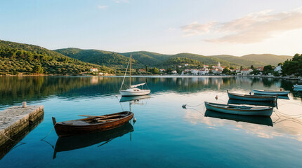 Obraz premium Serene Lake Scene with Boats, Mountains, and Calm Reflection in Nature