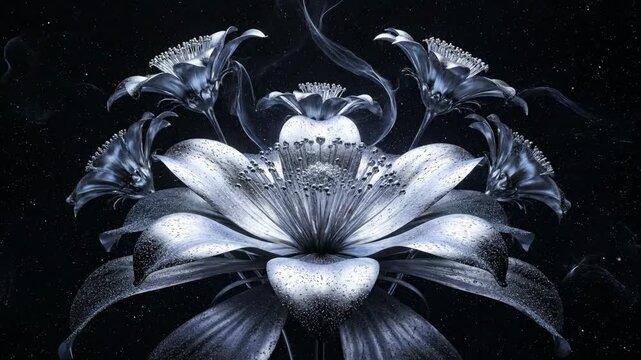 Elegant metallic silver lotus flower floating in dark space background