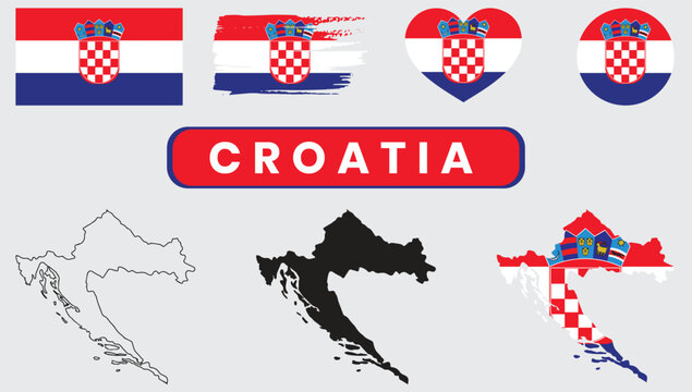Croatia flag and map variants with symbolic illustrationsCroatia flag and map variants with symbolic illustrations