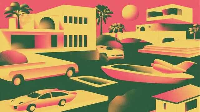 Isometric illustration features modern flat-roof villas with large windows and terraces surrounded by palm trees, sports cars, and a yacht on stylized water, rendered in a high-contrast pop-art.