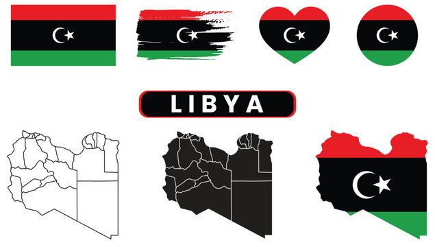 Libya flag and map icons setLibya flag and map icons set