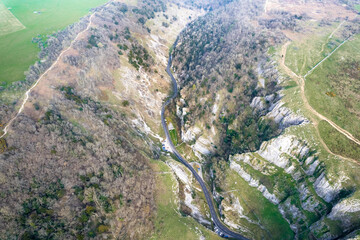 Epic aerial view of Cheddar Gorage, Historical Landmark of Cheddar, village of Somerset, England, uk