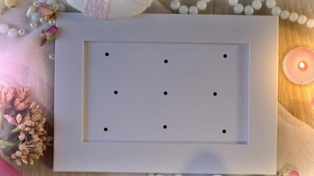 Wedding photo frame mockup with 9 tracking markers on wooden table with candles and flowers for easy motion tracking