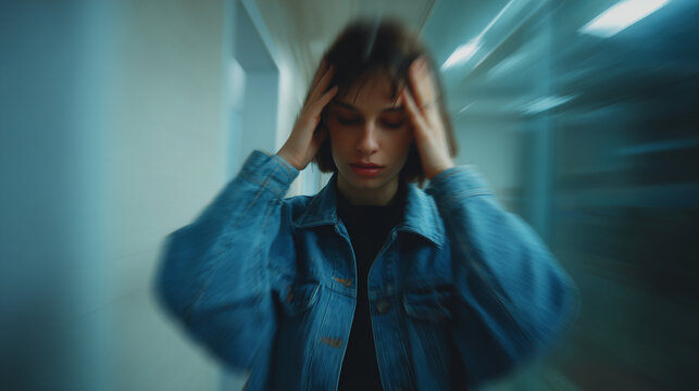 Young woman suffering from a severe headache or migraine with a dizziness effect
