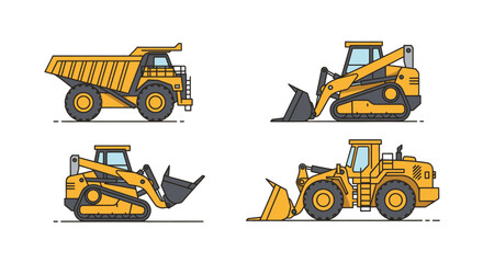 Set of Yellow Construction Vehicles: Dump Truck, Wheel Loader, Skid Steer, Bulldozer © Rizal