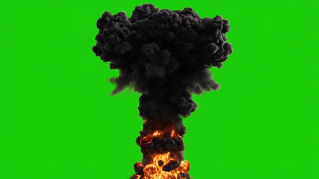 Mushroom cloud explosion on green screen.