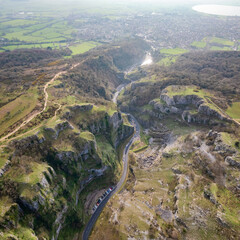 Epic aerial view of Cheddar Gorage, Historical Landmark of Cheddar, village of Somerset, England, uk