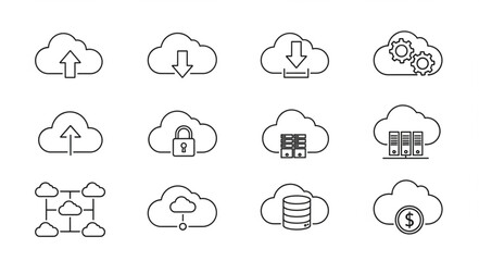 Obraz premium Cloud computing icons representing various aspects of data storage and processing.