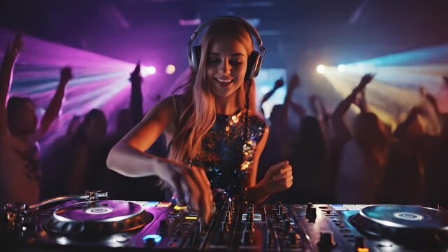 DJ performance at vibrant nightclub. Young female DJ mixes tracks, energizing crowd. Colorful lights enhance lively atmosphere, creating unforgettable experience.
