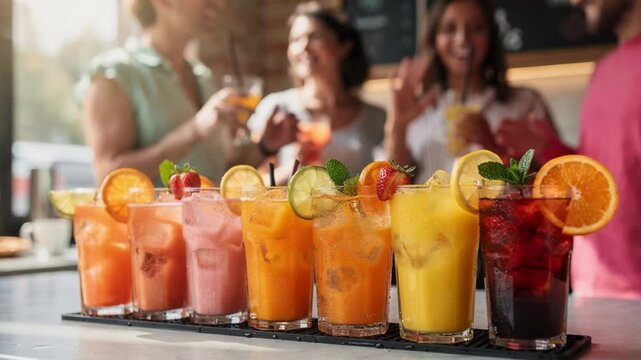 Countertop signage highlights vibrant summerthemed drinks with fresh fruit garnishes blurred background featuring excited customers sampling beverages