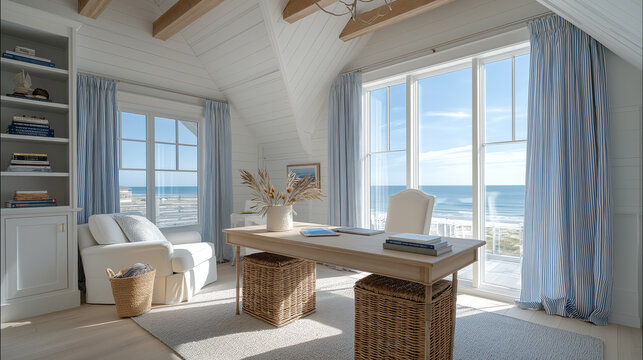 A breezy, high-end coastal home office with whitewashed shiplap walls and vaulted ceilings. A large bleached oak desk faces a wide window with a serene ocean view