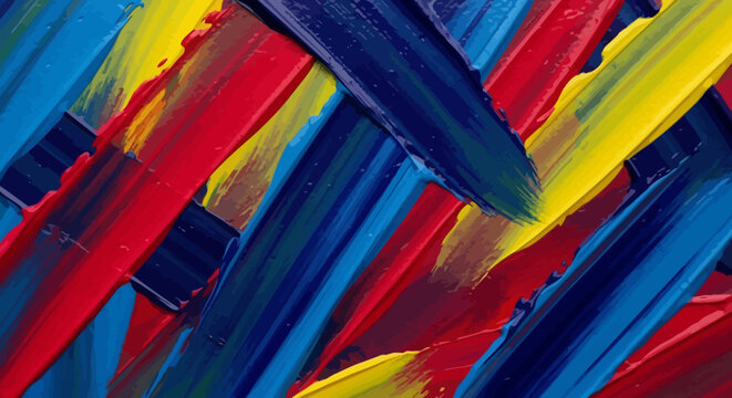 Vibrant abstract paint strokes texture background with red, blue, and yellow acrylic colors. Artistic brushwork pattern for creative designs.