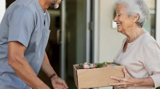 Closeup of a driver delivering a nutritious meal box to a senior resident at an assisted living facility entrance main subject in sharp focus and surroundings out of focus.