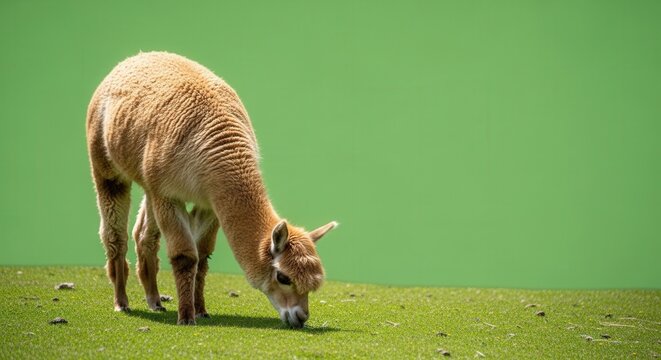 Serene Alpaca Grazing on Green Meadow Under Clear Sky