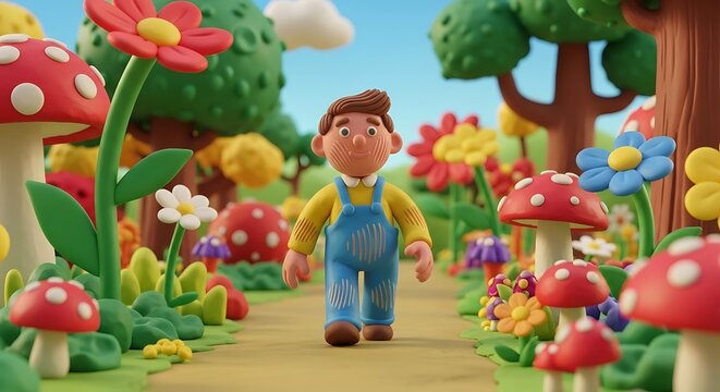 Claymation Man in a Whimsical Garden - A Colorful Adventure.