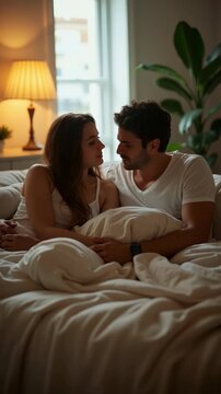 A loving couple cuddling peacefully in a cozy bedroom, capturing a moment of intimacy and togetherness..
