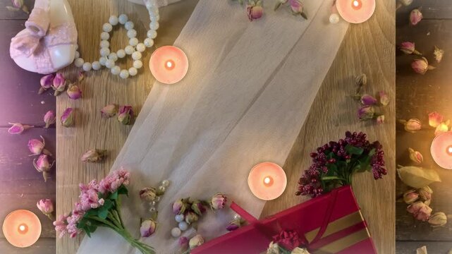 Wedding  mockup for text placeholder  on wooden table with candles and flowers for easy motion tracking