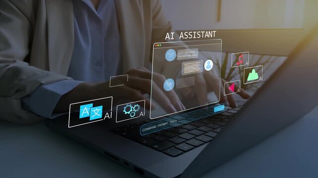 Person searching for information with the help of Ai assistant.Virtual assistant, artificial intelligence. Ai Bot software automation technology.Ai generator documents,images,music and coding.	
