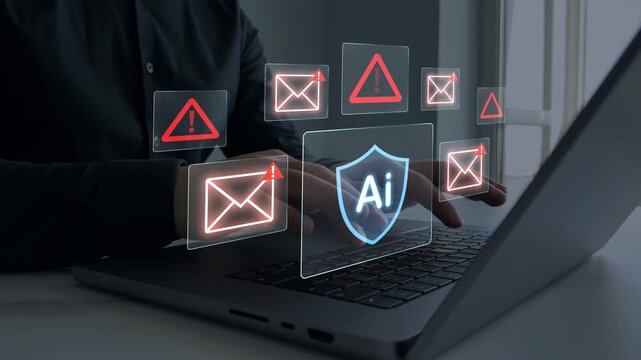 AI security concept showing protection against cyber threats, fraud and scams. Digital shield with encryption, monitoring and real-time threat detection, focused on data privacy and secure systems.