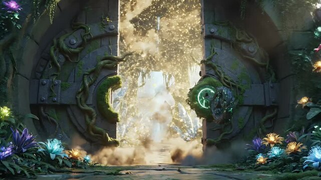 An overgrown stone door, glowing keyhole, vines, and vibrant flowers, mysterious and ancient