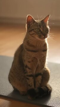 Peaceful Feline Lounges Calmly Nearby. Calm Feline Remains Alert While Resting On Soft Yoga Mat During Morning. Relaxed Cat Quietly Sits On Cozy Mat As Peaceful Morning Continues