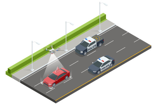 Isometric police vehicles using a quadcopter to monitor stopped car on multi lane road Aerial traffic enforcement, roadside inspection, law enforcement surveillance, safety control, incident response