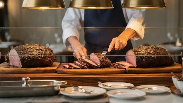 Brunch event carving station with fresh roasts under proper warmth clear sneeze guard clean wooden boards and the chef delicately slicing meat background composition intentionally