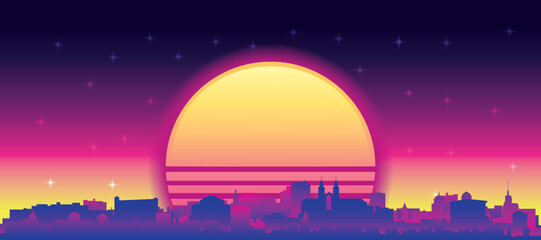 Obraz premium Purple generic retro futuristic synthwave panoramic poster of the city skyline with misty background sunset buildings of MUNICH, GERMANY