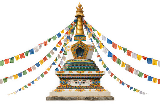 Majestic buddhist stupa temple with colorful prayer flags as cut out PNG isolated on transparent background