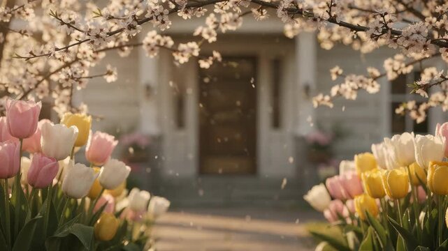 Entrance framed by fresh tulips and flowering branches in soft spring sunlight blossoms crisply captured with muted structural elements gently blurred.