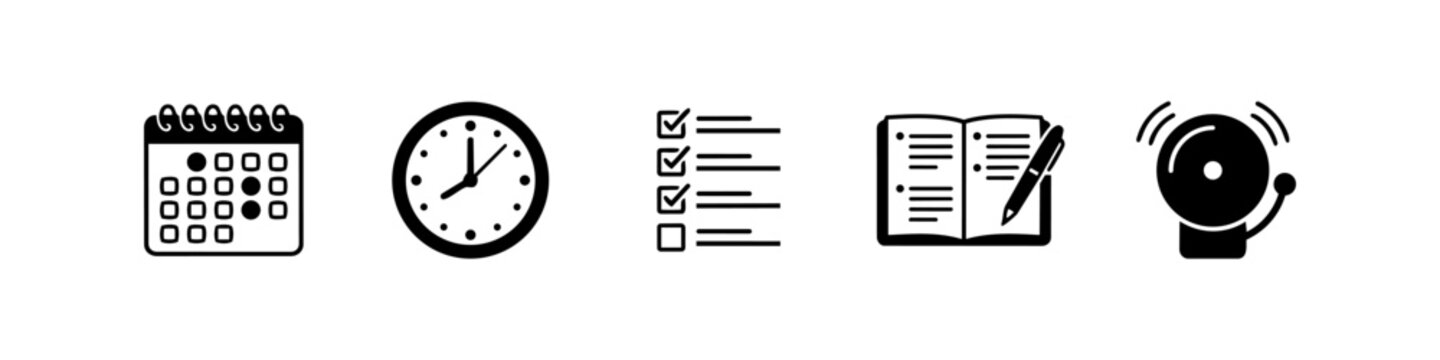 Time management and planning icons set featuring calendar, clock, checklist, notebook and alarm bell. Flat vector illustration