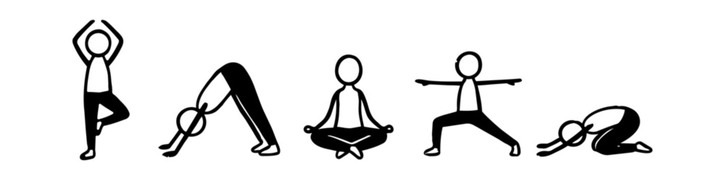 Yoga poses and wellness icons set for fitness, meditation and health