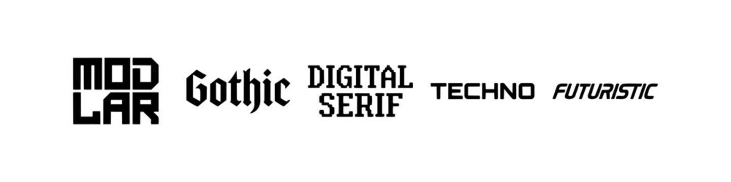 Typography style icons featuring gothic, techno, futuristic, modular and digital serif font labels. Vector font categories set