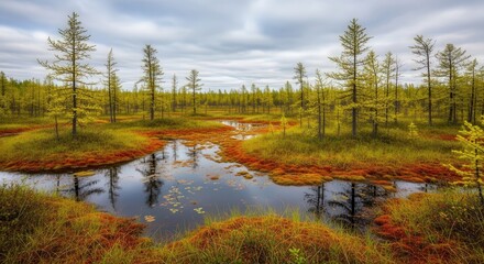 Obraz premium Serene Wetland Landscape with Small Water Pools and Sparse Trees in a Natural Environment